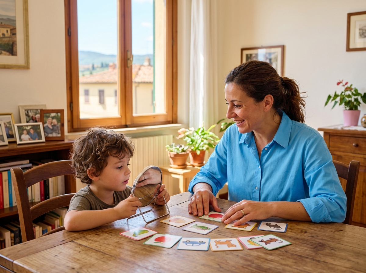 Immagine illustrativa: una professionista gioca con carte illustrate e uno specchietto insieme a un bambino, al tavolo di casa.